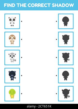 Spiel Vorlage finden richtigen Schatten. Passende Spiel für Kinder mit niedlichen Cartoon Tiere. Kinder Aktivitätsseite für Buch. Arbeitsblatt zur Entwicklung von Schulungen. Stock Vektor