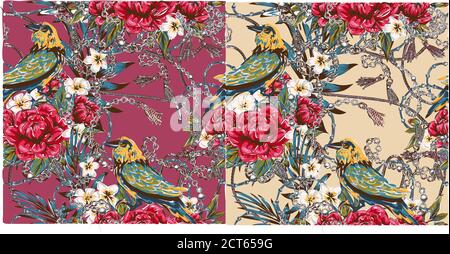 Eleganz Muster mit Blumen und Vögel Pracht der 80er Jahre, schicke Vogelketten Blumen schönen Hintergrund in teuren Stil Stock Vektor
