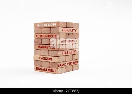 Grundlegende Aspekte oder Eigenschaften der Influencer-Karriere auf Holzklötzen geschrieben. Stockfoto