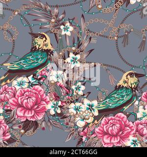 Eleganz Muster mit Blumen und Vögel Pracht der 80er Jahre, schicke Vogelketten Blumen schönen Hintergrund in teuren Stil Stock Vektor