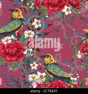 Eleganz Muster mit Blumen und Vögel Pracht der 80er Jahre, schicke Vogelketten Blumen schönen Hintergrund in teuren Stil Stock Vektor