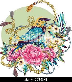 Eleganz Muster mit Blumen und Vögel Pracht der 80er Jahre, schicke Vogelketten Blumen schönen Hintergrund in teuren Stil Stock Vektor