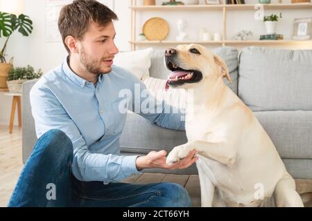 Junger Mann spielt mit Hund zu Hause Stockfoto