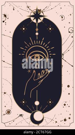 mond und Sonne Tarot-Karten, Hände in einfachen flachen Esoterik boho Stil gesetzt. Esoteric Sammlung von Logos mit verschiedenen Symbolen wie Raum Stern Planet, g Stock Vektor