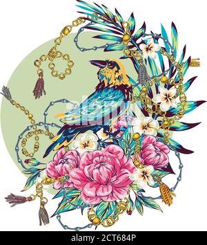 Eleganz Muster mit Blumen und Vögel Pracht der 80er Jahre, schicke Vogelketten Blumen schönen Hintergrund in teuren Stil Stock Vektor