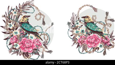 Eleganz Muster mit Blumen und Vögel Pracht der 80er Jahre, schicke Vogelketten Blumen schönen Hintergrund in teuren Stil Stock Vektor