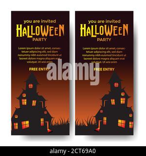 Halloween Banner Party Einladungskarte mit Abbildung von gruseligen Haus Stock Vektor