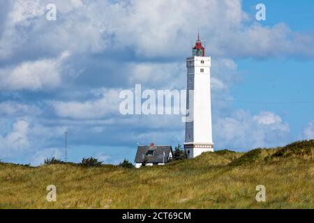 Küstenlandschaft mit Dünen und Leuchtturm bei Blåvand, Jütland, Dänemark Stockfoto