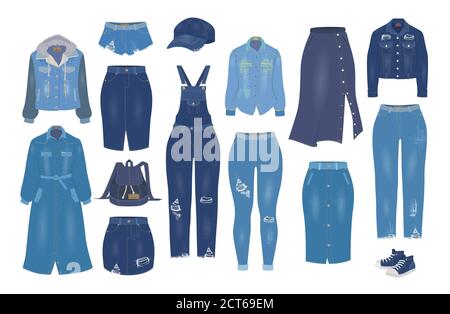 Frauen Denim Kleidung Set, flache Vektor isoliert Illustration. Jeans-Outfit in Blau, lässige Kleidung, zerrissene Jeans-Modelle. Stock Vektor