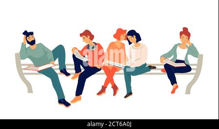 Gruppe von Menschen Bücher lesen, Studium und Bildungskonzept. Vektorgrafik. Stock Vektor