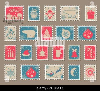 Weihnachtsbriefmarken mit Weihnachtsmann, Schneemann. Vektorgrafik Stock Vektor