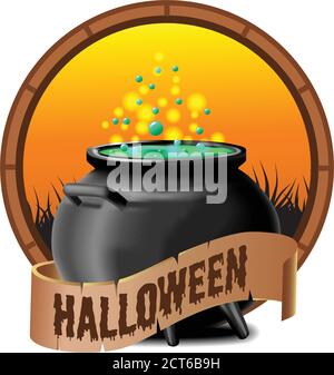 Emblem Logo vintage Symbol Illustration von halloween Trank in der Topf Stock Vektor