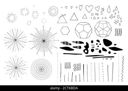 Handgezeichnetes Doodle-Set von Black Line Art im Boho-Stil. Abstrakte Designelemente und Geometriefiguren. Isoliert auf weißem Hintergrund. Vektor Stock Vektor