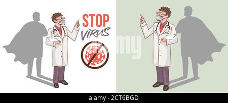 Superhelden Aktion Figur Mann in medizinische Maske Angriff Coronavirus. Stop Coronavirus (covid-19) Vektordarstellung. Lasst uns das Coronavirus-Symbol bekämpfen. Epi Stock Vektor