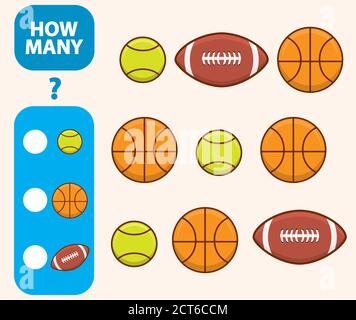 Zählen Sie, wie viele Basketball, Tennisball für american footballis Lernspiel. Stock Vektor