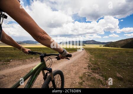 Erwachsene Frau auf dem Mountainbike Stockfoto