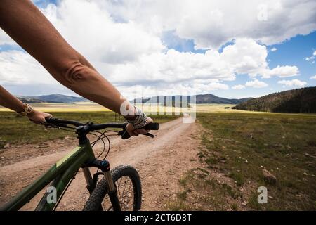 Erwachsene Frau auf dem Mountainbike Stockfoto