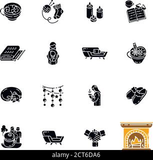 Gemütliche dänische Trend schwarze Glyphen Symbole auf weißem Raum gesetzt Stock Vektor