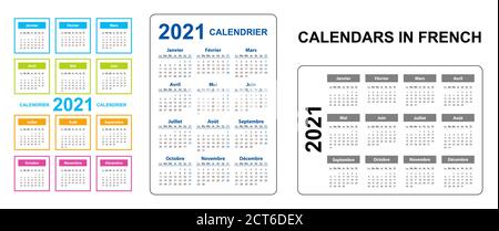 Taschenkalender auf 2021 Jahr, Französisch. Stellen Sie Vertikal und Horizontal ein. Woche beginnt ab Montag. Vektor-Vorlagen-Kalender für Unternehmen auf schwarzem Hintergrund. Stock Vektor