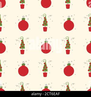 Weihnachten, Neujahr nahtlose Muster. Weihnachtsbaum, Weihnachtskugel. Stock Vektor