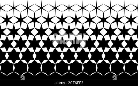 Geometrisches Muster aus schwarzen Hexagonen und Sternen auf weißem Hintergrund. Nahtlos in eine Richtung. Option mit einem mittleren Ausblenden.7 Figuren in der Höhe. Stock Vektor