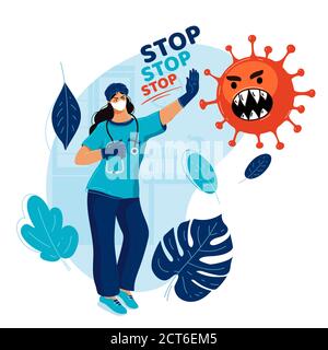 Arzt in Gesichtsmaske stoppt Pandemie. Medizin stoppt Epidemie. Konzept Medizin schützt Menschen vor Grippe.natürliche Immunität.natürliche Verteidigung. Virenschutz Stock Vektor