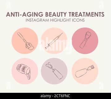 Instagram hebt Geschichten hervor. Bearbeitbare Liniensymbole. Make-up, Mode, Anti-Aging kosmetische Verfahren, ideal für Blogger, Kosmetik Werbedesigner Stock Vektor