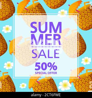Banner für Sommerverkauf. Bietet einen Rabatt von 50. Reife Ananas. Stock Vektor