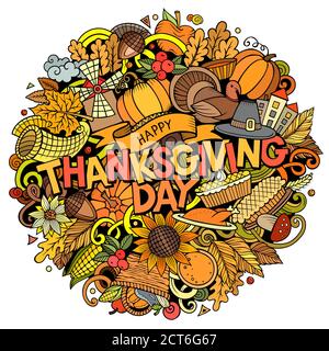 Happy Thanksgiving handgezeichnete Cartoon Doodles Illustration. Stock Vektor