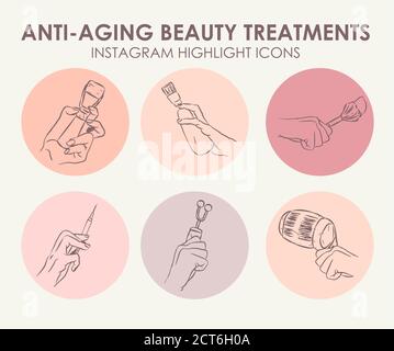 Instagram hebt Geschichten hervor. Bearbeitbare Liniensymbole. Make-up, Mode, Anti-Aging kosmetische Verfahren, ideal für Blogger, Kosmetik Werbedesigner Stock Vektor
