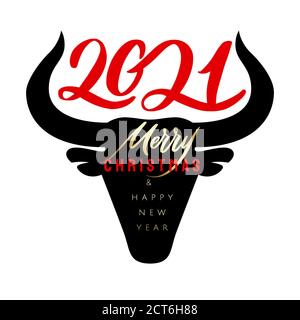 Frohe Weihnachten und Happy New Year Schriftzug für Grußkarte oder Banner, Website. Ochsenkopf mit Hörnern. Bulle Symbol des neuen Jahres Stock Vektor
