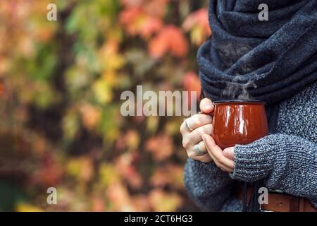 Tasse Kaffee oder Tee trinken in weiblichen Händen im Herbstpark. Herbst (Herbst) Stimmung, gemütlich, Liebe und Romantik Konzept. Speicherplatz kopieren Stockfoto
