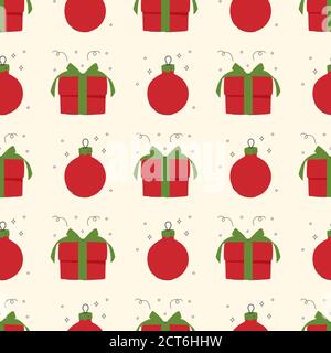 Weihnachten, Neujahr nahtlose Muster. Geschenkbox und Weihnachtskugel. Stock Vektor