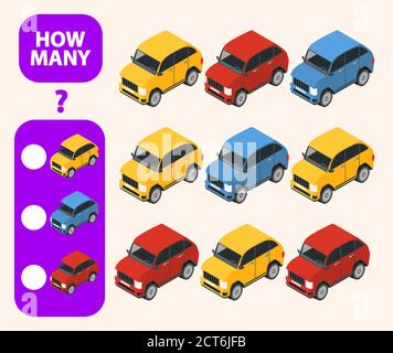 Zählen Sie, wie viele Auto ist Bildungs-Spiel. Mathe Aufgabenentwicklung des logischen Denkens der Kinder. Stock Vektor