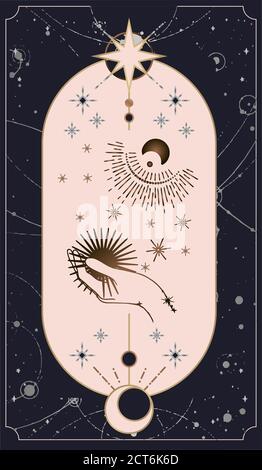 mond- und Sonnenzeiger, Vintage Fortune Teller Hand mit Palmlesekarte. Skizze grafische Illustration mit mystischen und okkulten handgezeichneten Symbolen. astrol Stock Vektor