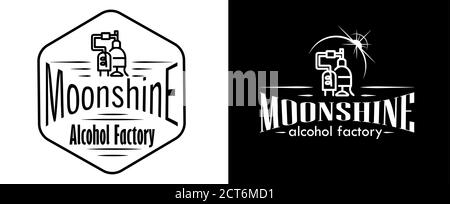 Emblem der Alkoholindustrie, Geschäftsdestillation. Handgezeichnete Vektor Sammlung von alkoholischen Getränken. Set Aufkleber für Whiskey, Bourbon, Moonshi Stock Vektor