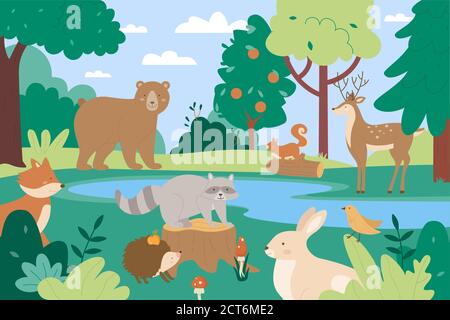 Tiere im Sommer Wald Vektor-Illustration. Cartoon flach lustige animalische Charaktere genießen Sommer szenische grüne Bäume und natürliche blaue See zusammen, niedlichen Wald wild Natur Landschaft Hintergrund Stock Vektor