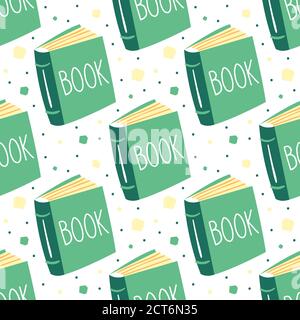 Kleine niedliche grüne Roman Buch. Lesen. Bildungselement. Literatur. Lifestyle. Veröffentlichen. Flach Cartoon bunte Vektor Hand gezeichnet nahtlose Muster. Stock Vektor