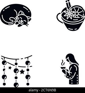 Hyggelig Atmosphäre schwarze Glyphen Symbole auf weißen Raum gesetzt Stock Vektor