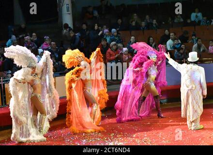 Orenburg, Russland - 12. Oktober 2019 Jahr: Clowns treten in der Zirkusarena auf Stockfoto