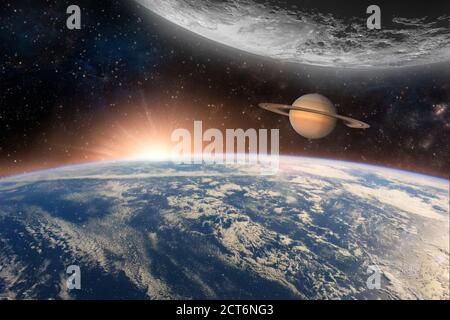 Hohe Qualität Tiefe Raum Schönheit, Planeten, Sterne und Galaxien in Sonnensystem mit der Sonne Flare im Universum. Elemente dieses Bildes eingerichtet von Stockfoto