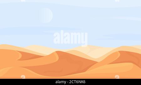 Wüste Natur Landschaft in Afrika Vektor-Illustration. Cartoon flache menschenleere Landschaft im Sommer Hitze Wetter, Afrika oder Naher Osten natürliche Sanddüne und Hügel, Sahara Wüste Szene Panorama Hintergrund Stock Vektor