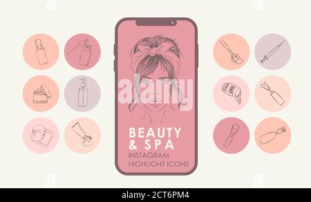 Markieren deckt Hintergründe ab. Set von Beauty-Symbolen. Bearbeitbare Kontur. Es ist gut geeignet für Blogger, Kosmetik ad Design und auch für Friseure, sty Stock Vektor