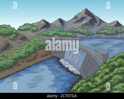 Damm Wasserkraft Fluss Grafik Farbe Landschaft Skizze Illustration Vektor Stock Vektor