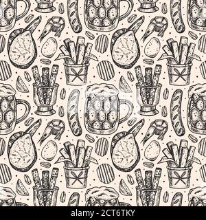 Oktoberfest Nahtloses Muster, Textur. Alkohol, Glas Bier, Snacks, Fast Food, deutsche Wurst, Pommes, Bratkartoffeln, Fleisch, Brot, Erdnüsse. Bar, Pub Stock Vektor