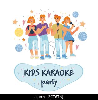 Kinder Karaoke Party Banner oder Poster Vorlage mit singenden Kindern. Stock Vektor