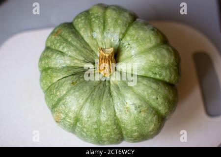 Reife, ganze grüne Kürbis im Herbst auf den Schnitt Stockfoto
