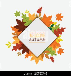 Willkommen Herbst Vektor Hintergrund.Herbst Saison Ahorn und Eiche Blätter mit Grußtext im Hintergrund des leeren Raums Stock Vektor