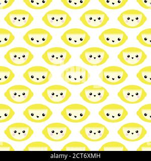 Niedliche kawaii Zitronen nahtlose Vektor-Muster Hintergrund. Lachende Cartoon tropische Zitrusfrüchte auf weißem Hintergrund. Witziges, schrulliges Faces-Design. Geometrisch Stock Vektor