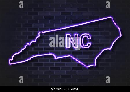 North Carolina Karte Leuchtende Neonlampe oder Glasröhre auf Eine schwarze Ziegelwand Stock Vektor